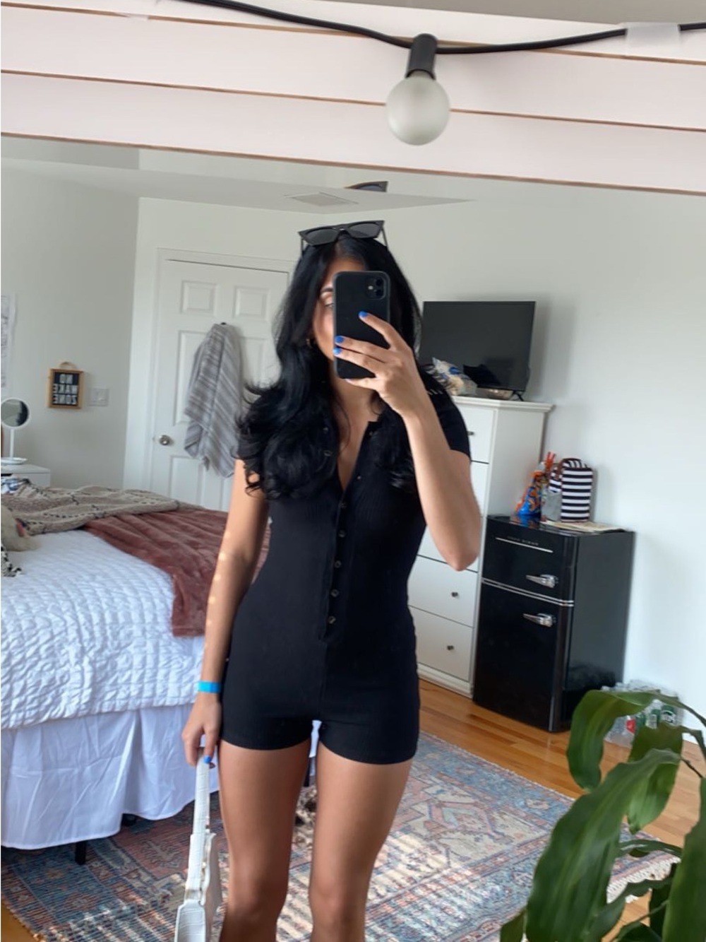 EDIKTED Black Ribbed Button-Front Romper